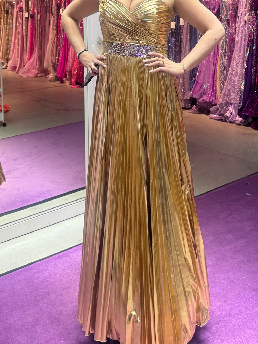 Gold Strapless Pleated Evening Gown